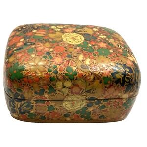 VTG 1970s Kashmir Lacquered Floral‎ Motif Paper Mache Birds Jewelry Trinket Box